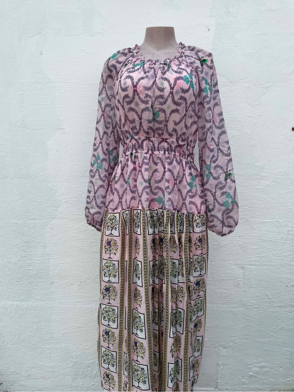 MELLODAY Pink Printed Long Sleeve Maxi Dress with Teal Accents